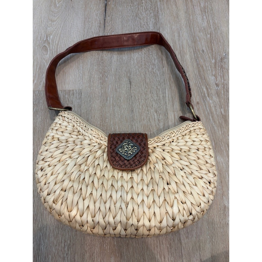 Coldwater Creek Woven Straw Shoulder Bag Brown Leather Trim Boho Western Bag